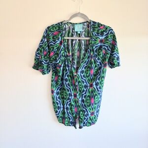 Escapada Green and Blue Patterned Blouse Rayon Resortwear Size Small